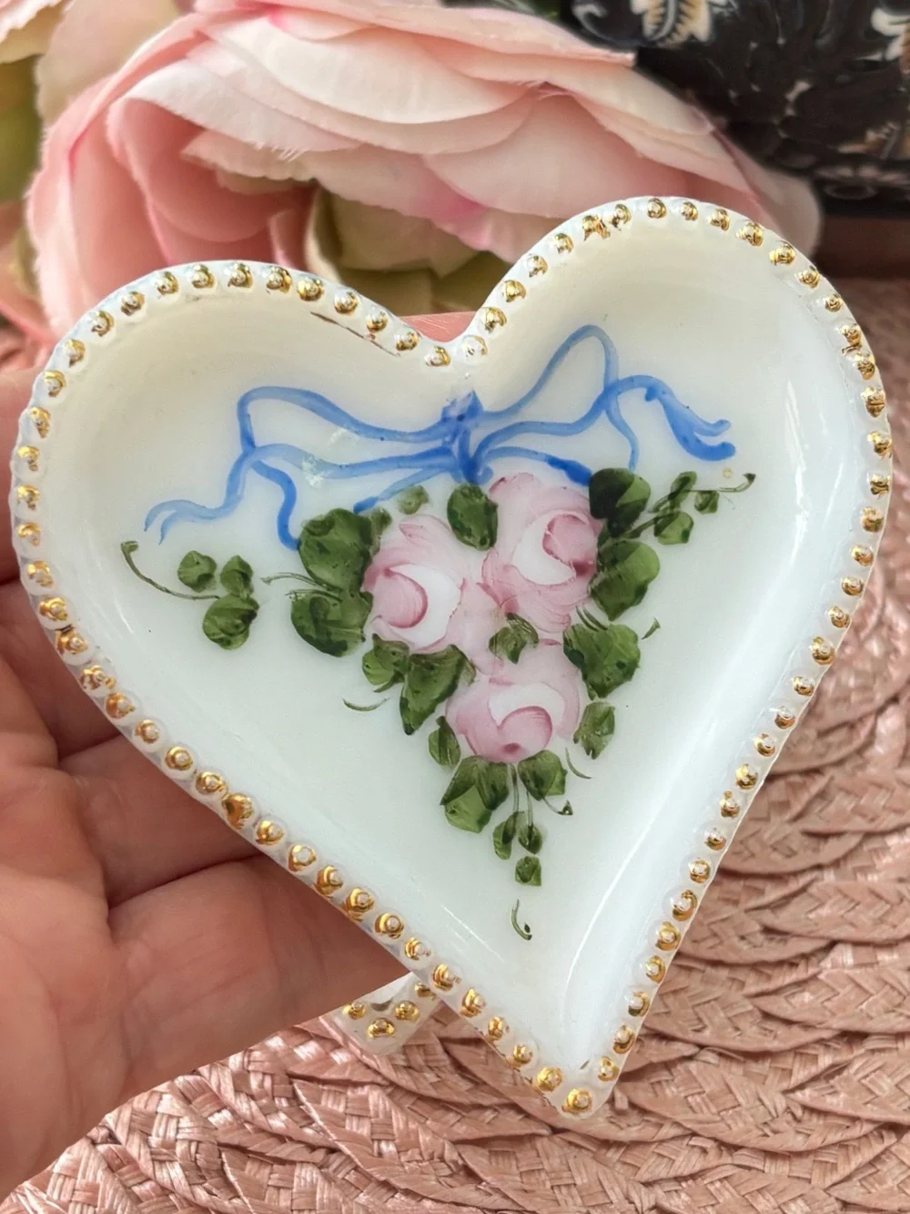 Vintage Milk Glass Hand Painted Flowers Heart Shaped Trinket Dish (set of 2)